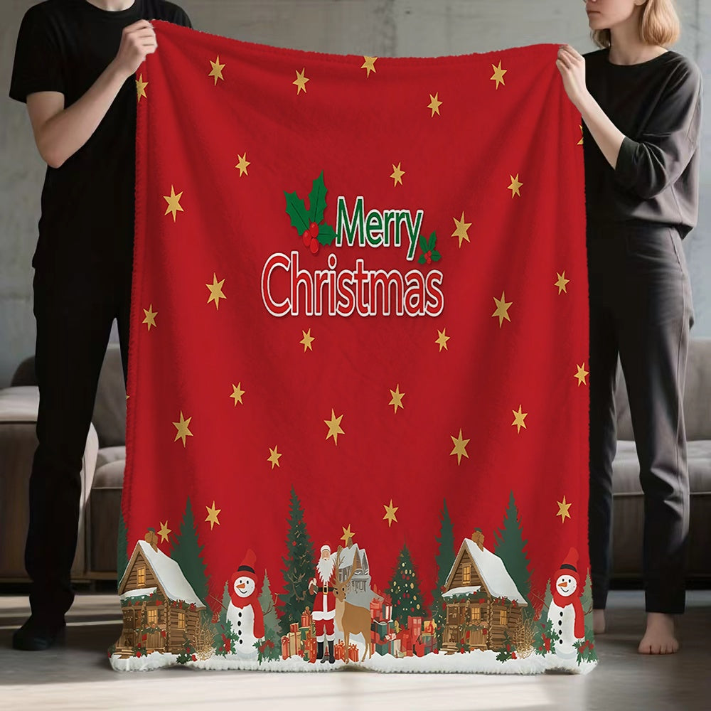 1pc of Christmas-themed Flannel Blanket with Red Stars and Snowman Pattern, Soft, Comfortable, and Warm, Featuring a Festive Design. A Versatile All-season Sofa Throw and Warm Cover Blanket, Available in Multiple Sizes. Suitable for Living Room