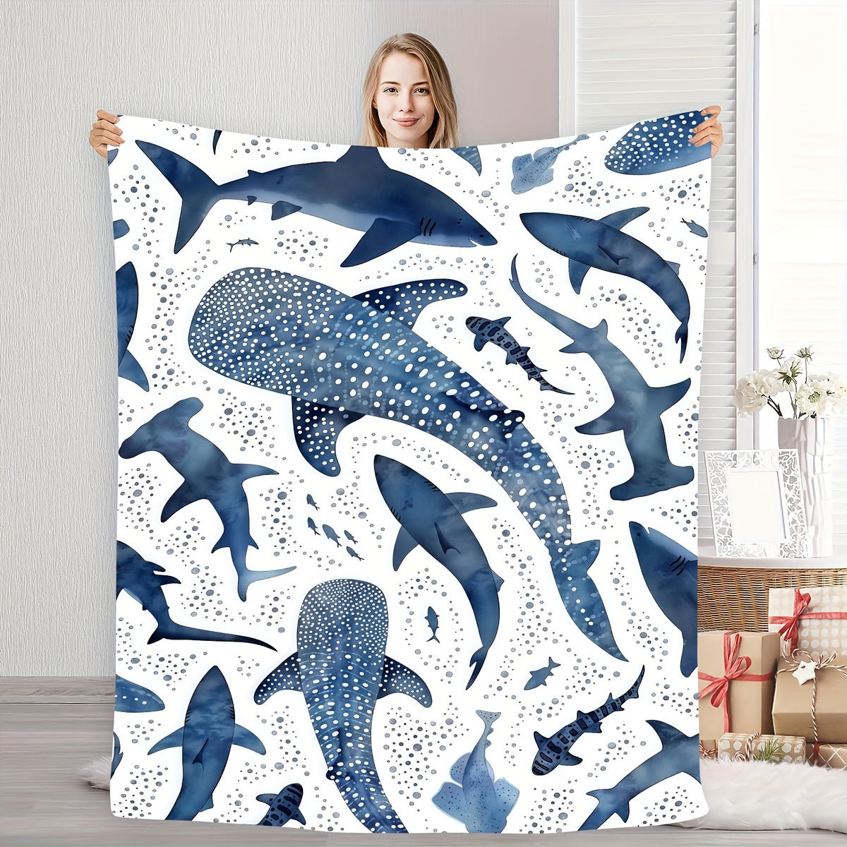 A Soft And Cozy Flannel Blanket Featuring a Marine Blue Whale Shark Theme, Perfect for Home Use.
