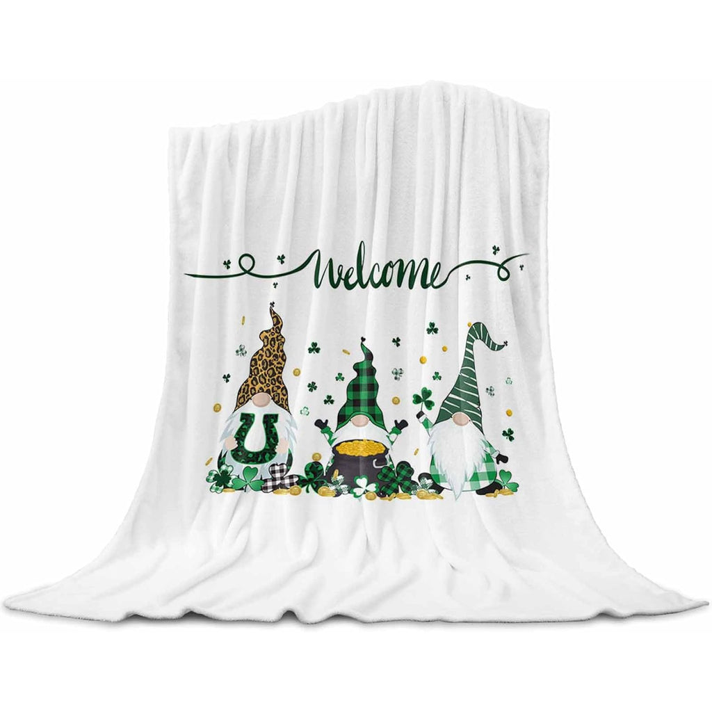 Flannel Flannel Blanket St. Patrick's Day Dwarfs Irish Golden Coin Shamrock Leaves Thin Soft Warm Cozy Throw for Home Sofa Travel Camping Couch Picnic White 30x40in