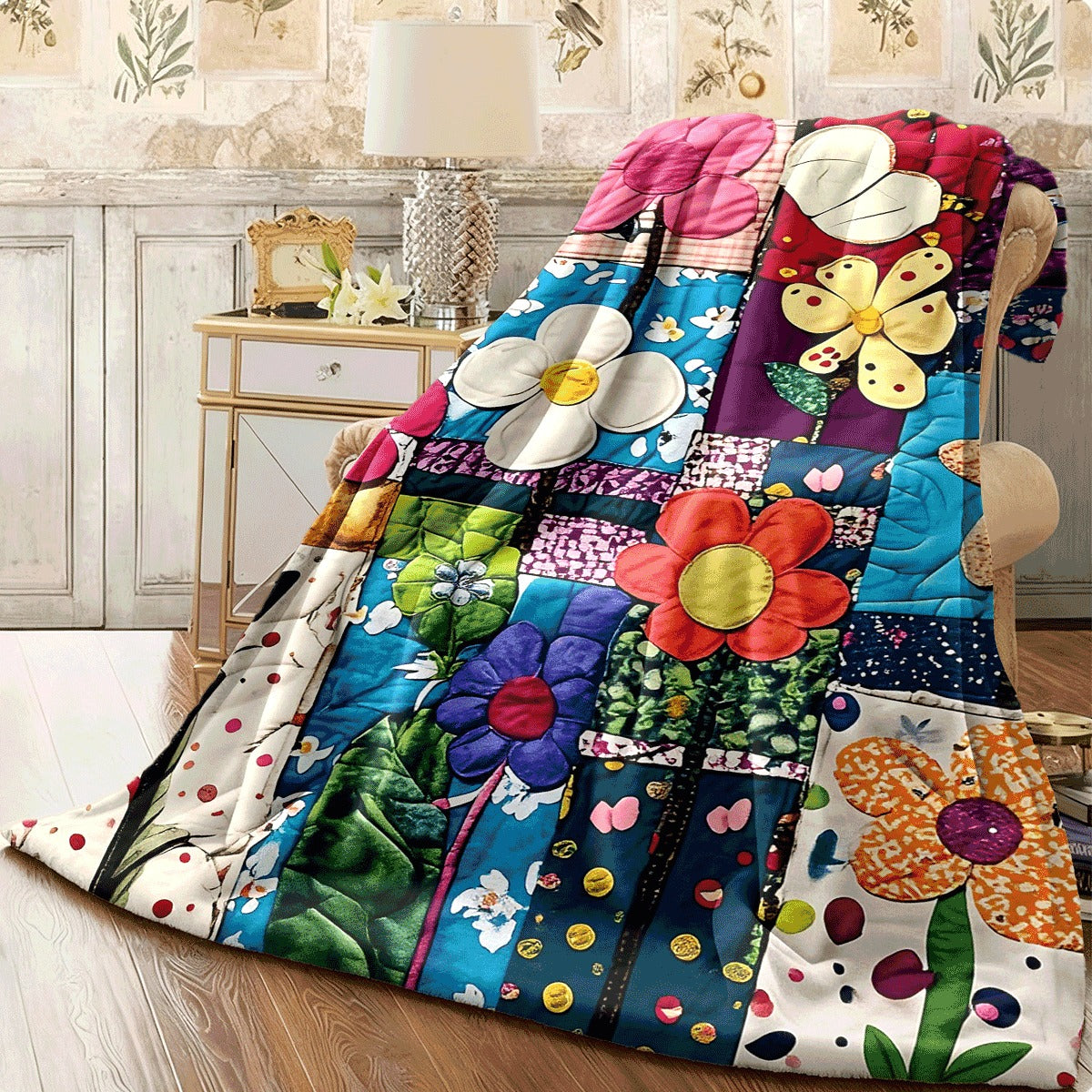 1pc Vintage Floral Patchwork Pattern Printed Design Cozy Flannel Blanket Soft Warm And Versatile Suitable for Sofas S Cars Offices And Camping a Creative Gift Idea for All Seasons Trav