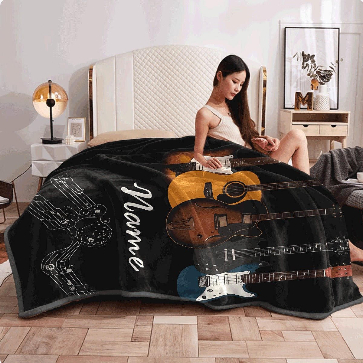1pc [Flannel Blanket] Music Theme Throw with Colorful Guitars And Musical Notes Print Cozy Soft Flannel Material for Couch All-Season Use Perfect Gift for Music Lovers