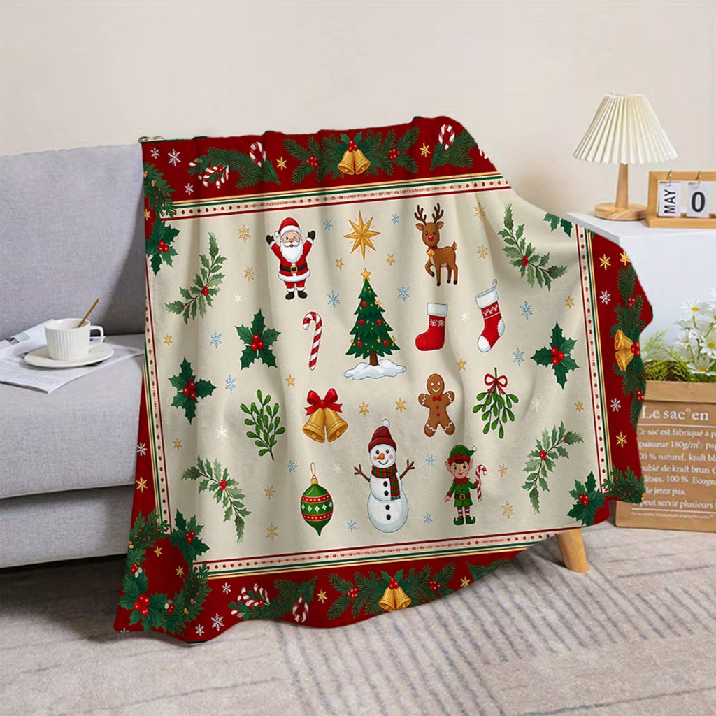 1pc, Santa Claus and Reindeer Pattern Red-Themed Flannel Blanket, Soft, Comfortable, and Warm, Beige Base with Red Border Design, Durable Plush Surface, All-Season Universal Sofa Blanket, Warm Cover Blanket, Multiple Sizes Available