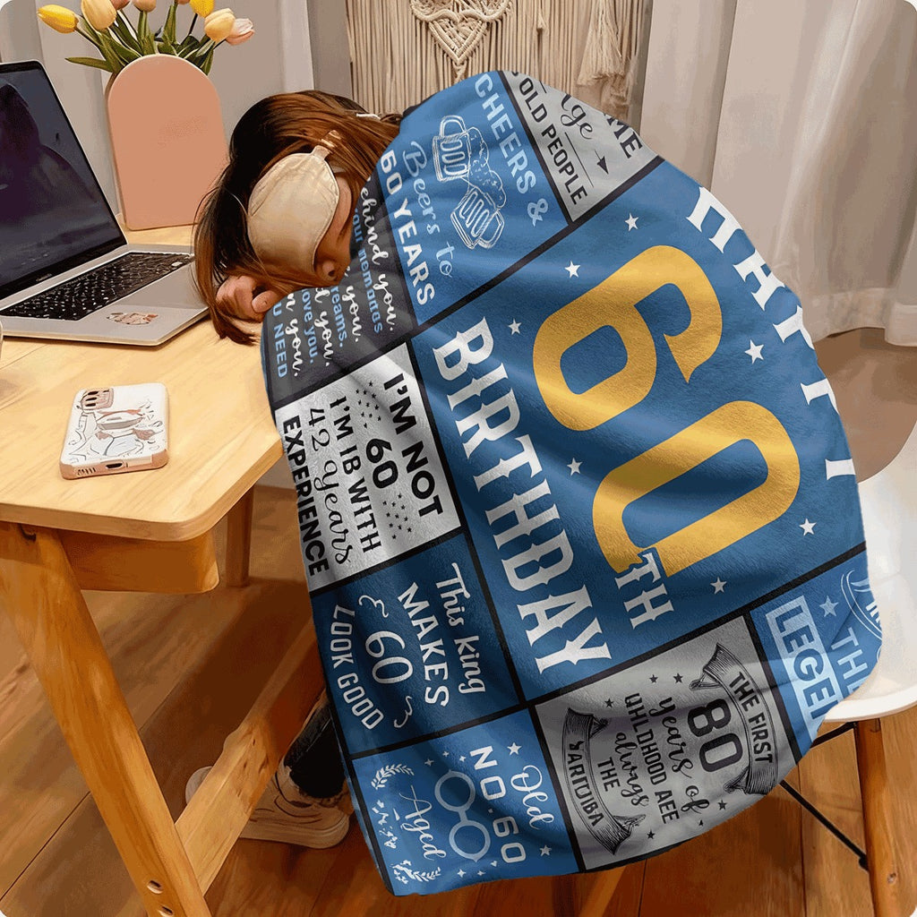 1pc Happy 60Th Birthday Flannel Blanket Retro Blue And Gray Typography Collage, Cozy Warm Throw for 60Th Birthday Celebration, Sofabed Decor, Machine Washable