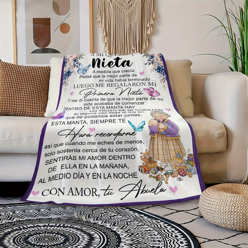 1pc of Butterfly Floral Design Spanish Letter Throw Blanket, a Gift Blanket for My Granddaughter from Grandma, Soft And Cozy Flannel Blankets, Lightweight Fuzzy Print Blanket Suitable for Couch, Sofa, Bed, Office, Travel, Camping Chair