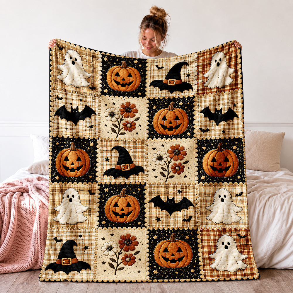 1pc Vintage Country Style Halloween Flannel Blanket, Cream-colored Plaid Pattern with Jack-o'-Lantern, White, Black Bat, and Autumn Floral Patchwork Style Print, Cozy 2D Bedspread, Suitable for Bedroom, Sofa, Bed, and Fall Home Decor