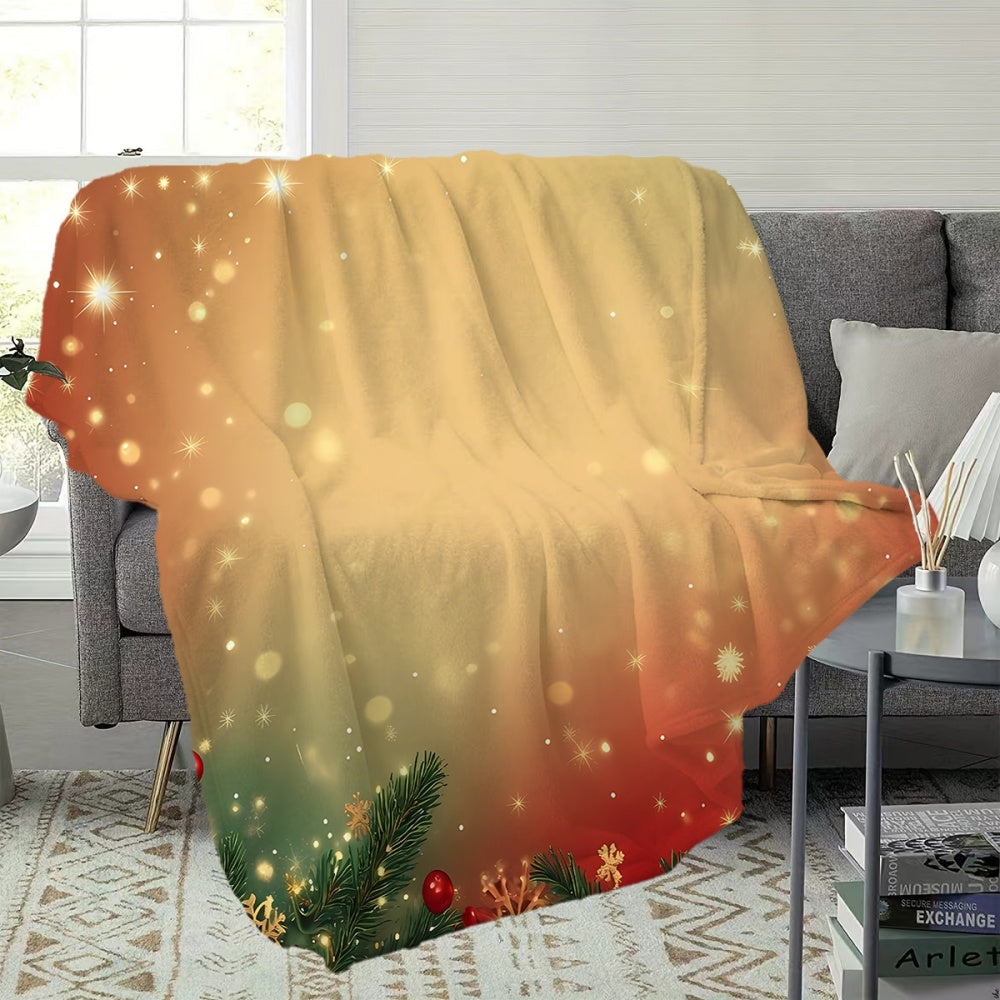 Christmas Holiday Pine Branch Snowflake Gradient Flannel Blanket, Soft, Comfortable, and Warm, with an Orange-yellow-red-green Gradient Design, Durable Plush Surface, All-season Universal Sofa Throw, Warm Lap Blanket, Available in Multiple Sizes