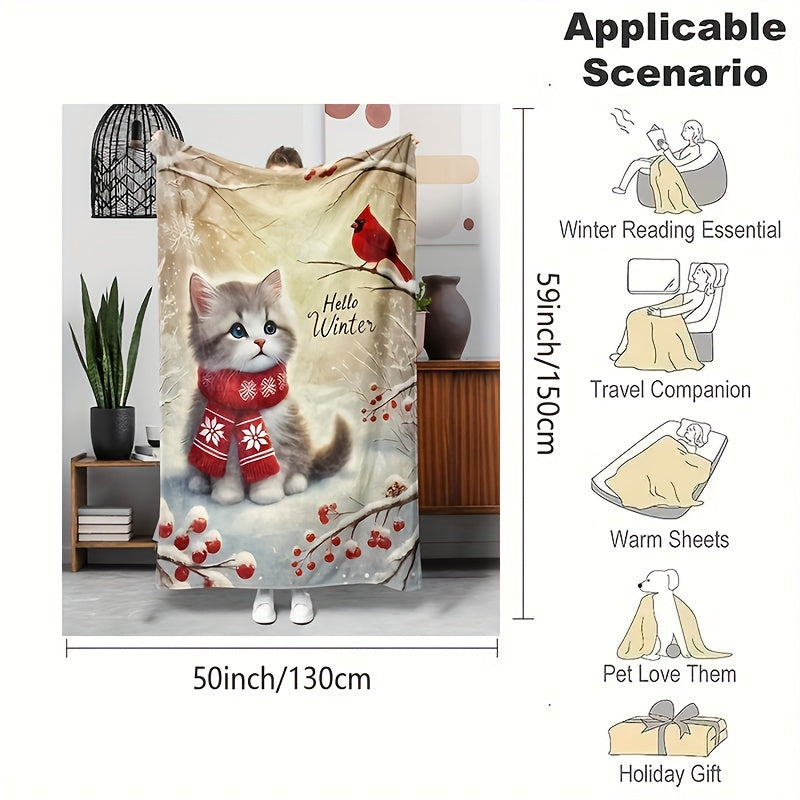 Hello Winter Cozy Flannel Throw Blanket Featuring a Cat And Cardinal Design, Soft And Warm for Use on a Couch,, Or in The Office - Suitable for All Seasons, Hypoallergenic, And Machine Washable