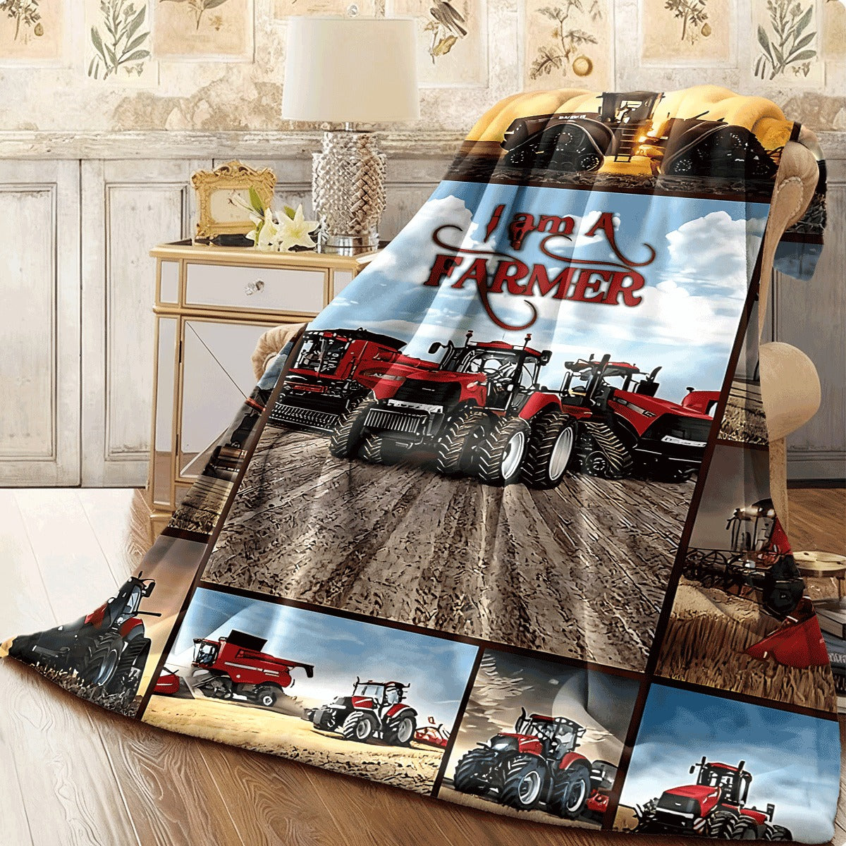 1pc Allseason Blanket Vibrant Red Agricultural Machinery Collage Flannel Throw with I Am A Farmer Text Cozy Soft Sofa Blanket Farm Theme Decor