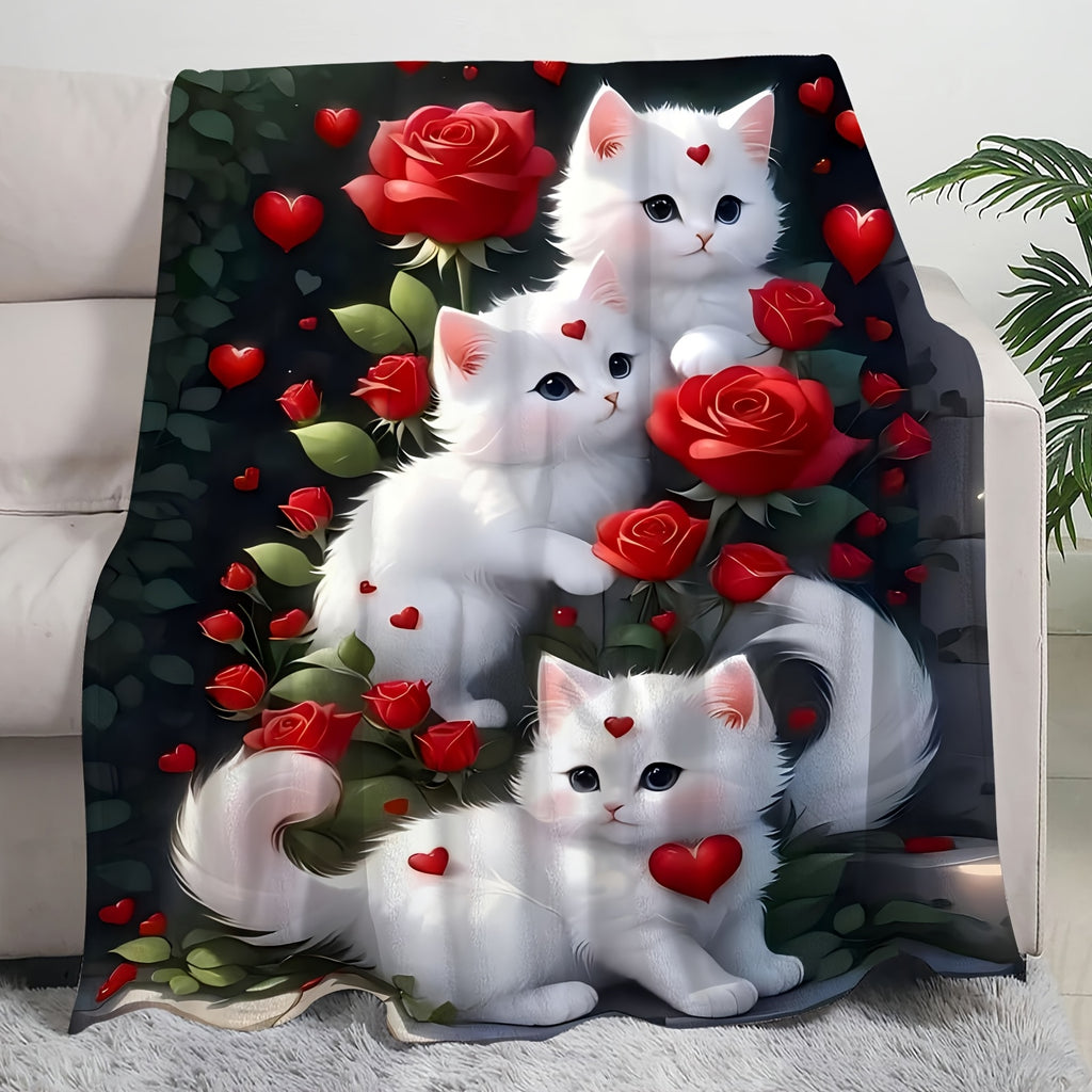 1pc 2D Flat Printing, 3 Cats And Red Roses Throw Blanket, Soft Fleece Blanket - Black Background Romantic Design, Multi-Sizes Available, Suitable for Living Room Sofa, Bedroom Sofa Cover, Leisure Reading, Winter Warmth And Holiday Decor