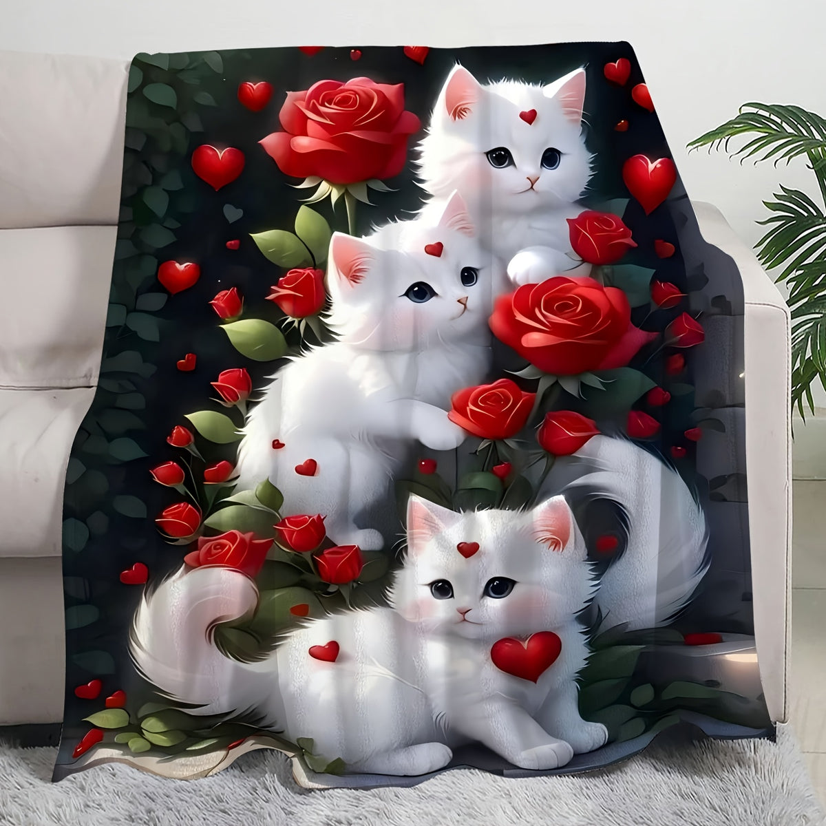 1pc 2D Flat Printing, 3 Cats And Red Roses Throw Blanket, Soft Fleece Blanket - Black Background Romantic Design, Multi-Sizes Available, Suitable for Living Room Sofa, Bedroom Sofa Cover, Leisure Reading, Winter Warmth And Holiday Decor