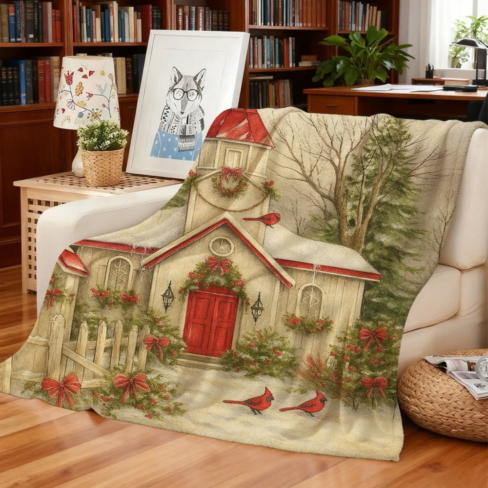 1pc Red Bird and Holly Wreath Christmas Themed Flannel Blanket, Cream White Background with Holiday Decorative Design, Soft Plush Surface for All Seasons, Suitable as a Living Room Sofa Throw, for Reading Time, and Weekend Naps on the Couch