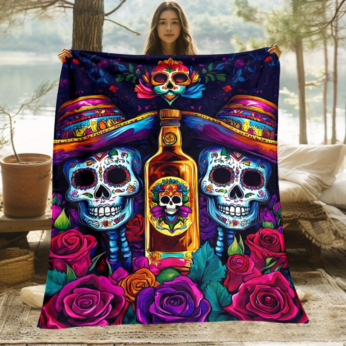 1pc 2D Flat Print Mexican Day of the Dead Skull and Rose Blanket, Soft Flannel Throw Blanket - Dark Blue and Magenta Design, Multiple Sizes Available, Suitable for Living Room, Bedroom, Sofa,, and Reading Area, 2D Flat