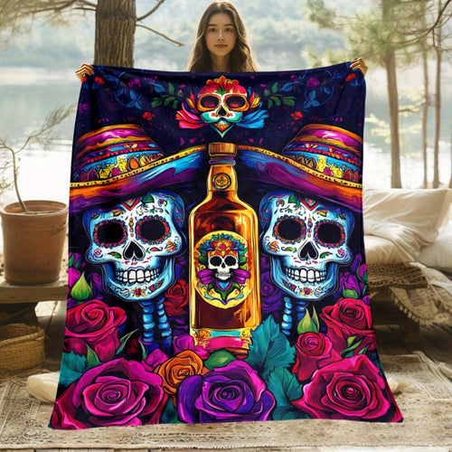 1pc 2D Flat Print Mexican Day of the Dead Skull and Rose Blanket, Soft Flannel Throw Blanket - Dark Blue and Magenta Design, Multiple Sizes Available, Suitable for Living Room, Bedroom, Sofa,, and Reading Area, 2D Flat