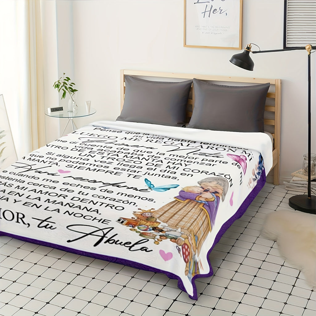 1pc of Butterfly Floral Design Spanish Letter Throw Blanket, a Gift Blanket for My Granddaughter from Grandma, Soft And Cozy Flannel Blankets, Lightweight Fuzzy Print Blanket Suitable for Couch, Sofa, Bed, Office, Travel, Camping Chair