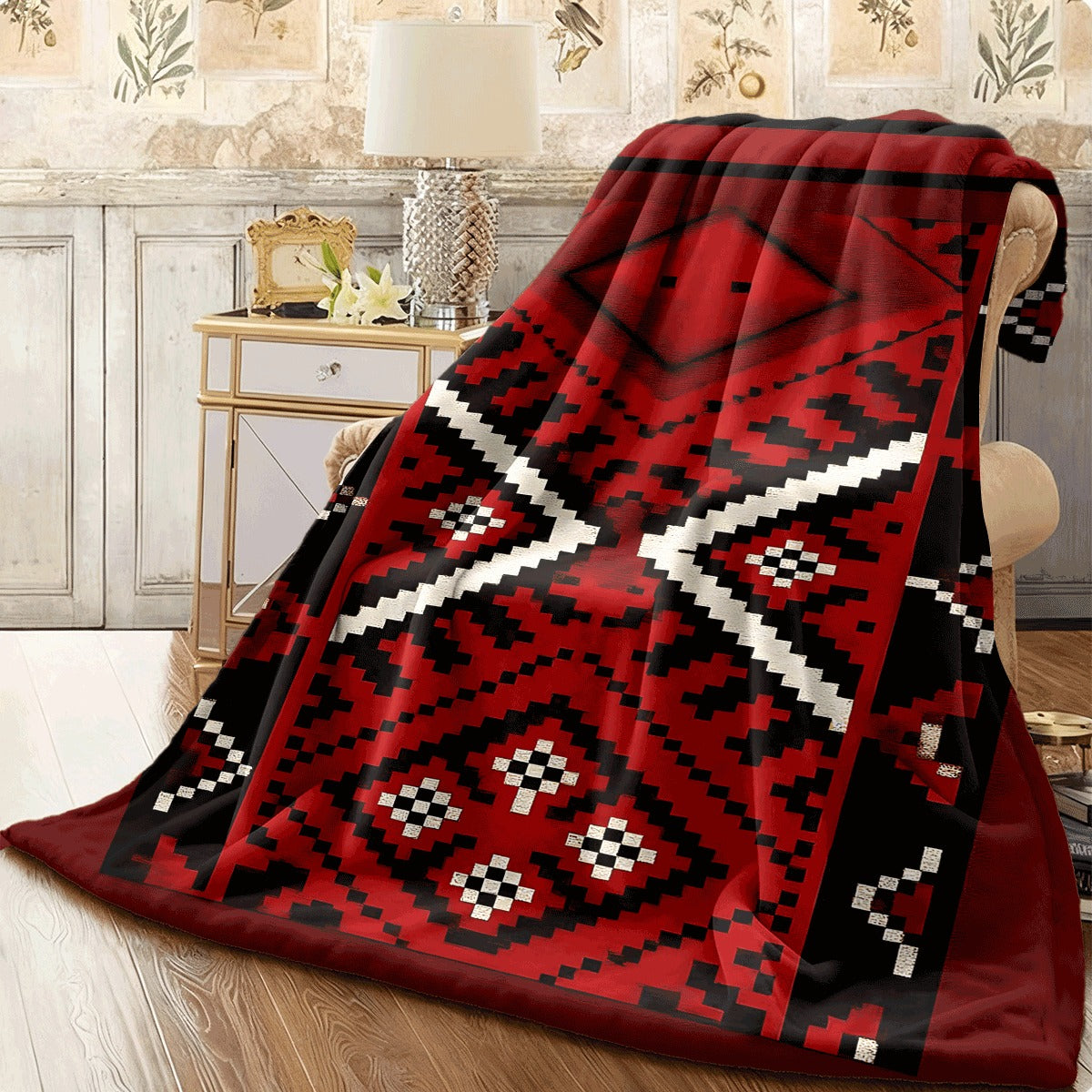 1pc Vintage Red Black White Tribal Pattern Flannel Blanket, Cozy Soft Throw for Sofa, Retro Ethnic Print Design, All-Season Warm Flannel Blanket