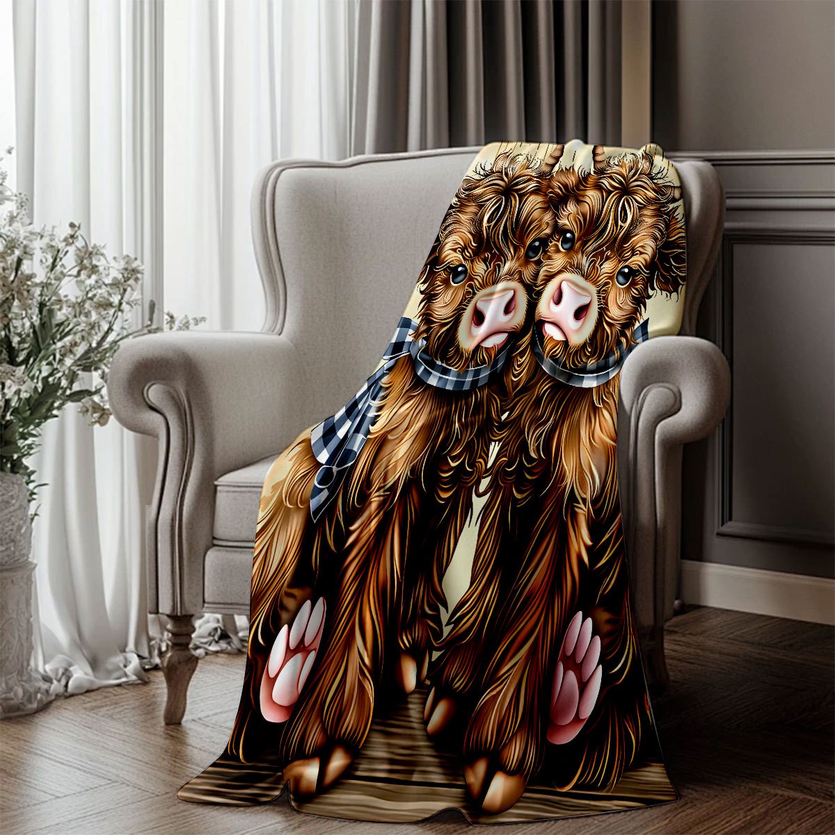 1pc Ultra-Clear Scottish Highland Cow Couple's Full-Print Flannel Blanket, Brown Long Curly Hair with Plaid Bow, Cute and Soothing Decorative Throw Blanket for Bedroom and Sofa