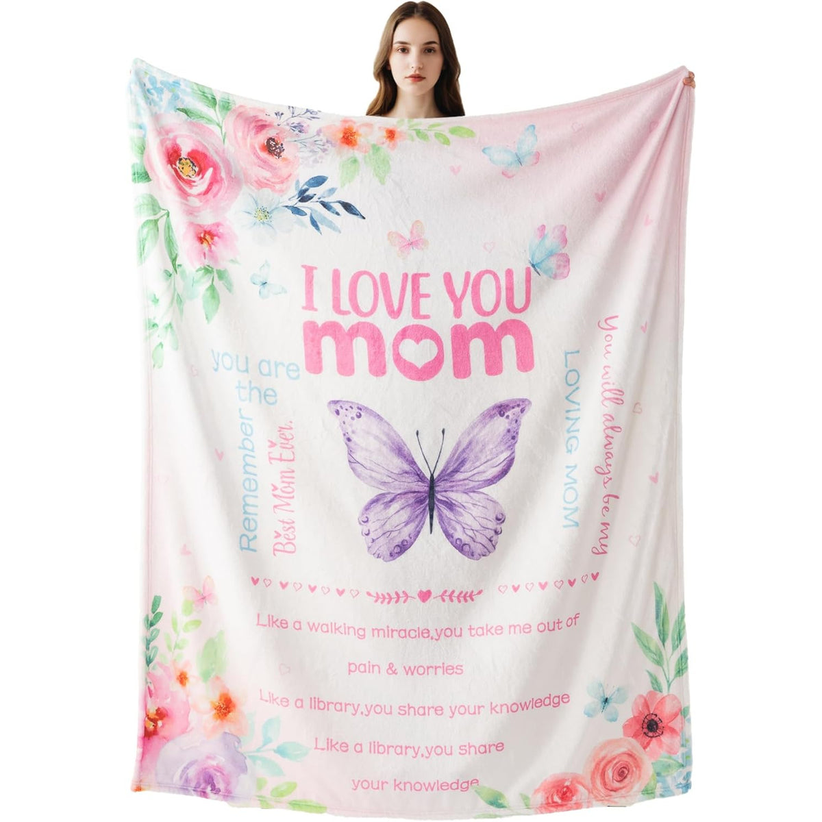 Battilo Throw Blankets Anniversary Birthday Gift for Mom from Daughter Son, I Love You Mom Blanket, Super Soft Flannel Throw Blankets for Bed Couch, 50x60