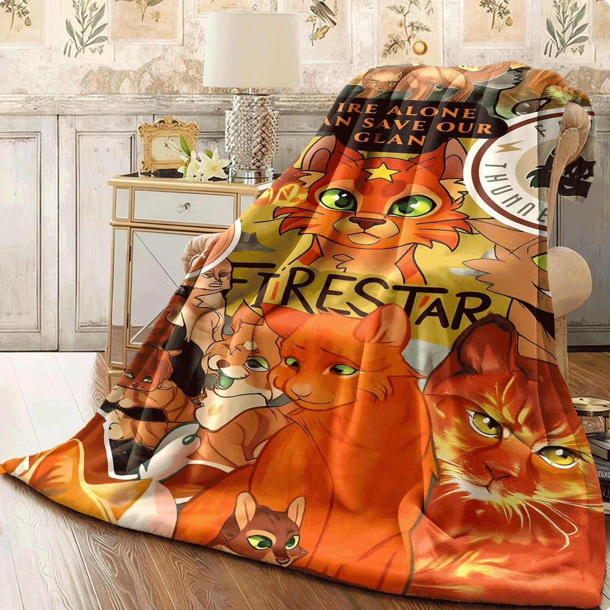 1pc Thunderclan Cats Fleece Blanket Featuring a Fantasy Collage Design of Warrior Cats Along with Inspiring Quotes, Made from 100% Lightweight Polyester, Suitable for All Seasons, Perfect for Dorms, Offices, Camping