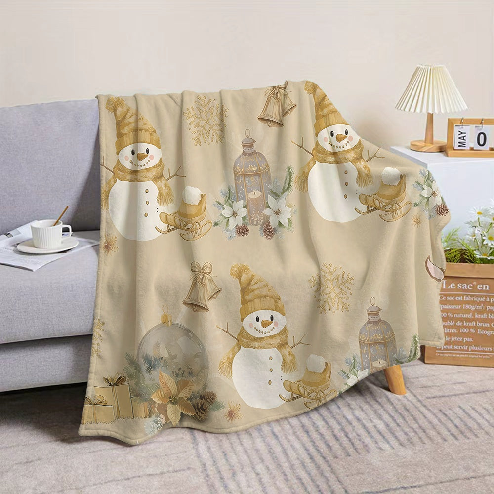 1pc Christmas Snowman And Bell Pattern Flannel Blanket, Soft Comfortable Warm, Beige Design, All-Season Blanket, Warm Cover, Multiple Sizes Available, Suitable for Living Room Sofa, Bedroom, Reading Area, Rest Area, And Leisure Area