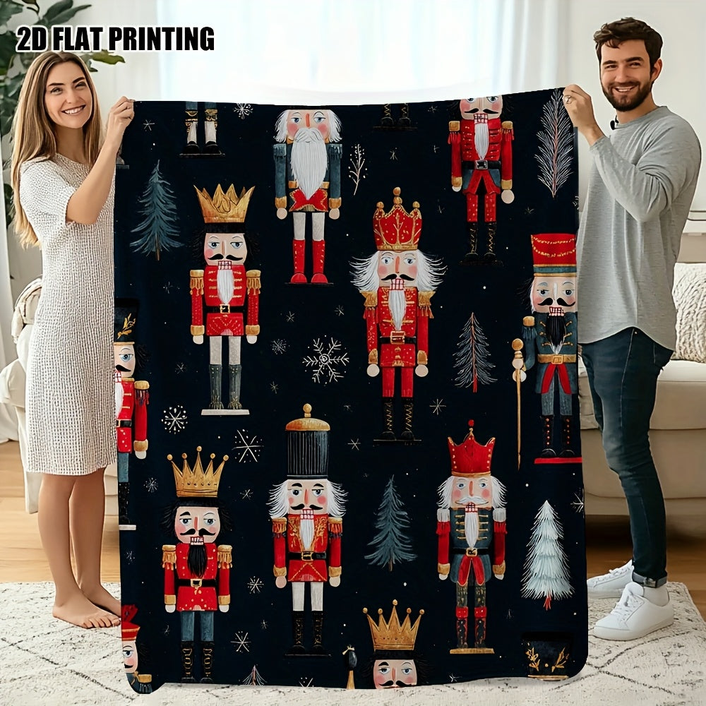 1pc 2D Flat Printed Christmas Double-sided Universal Blanket, Nutcracker Christmas Soldier, 100% Polyester Fabric Teachers' Day Gift, Suitable for a Wide Range of Scenarios, Very Suitable for Sofas, Naps, Air-conditioned Rooms, Camping, 2D Flat