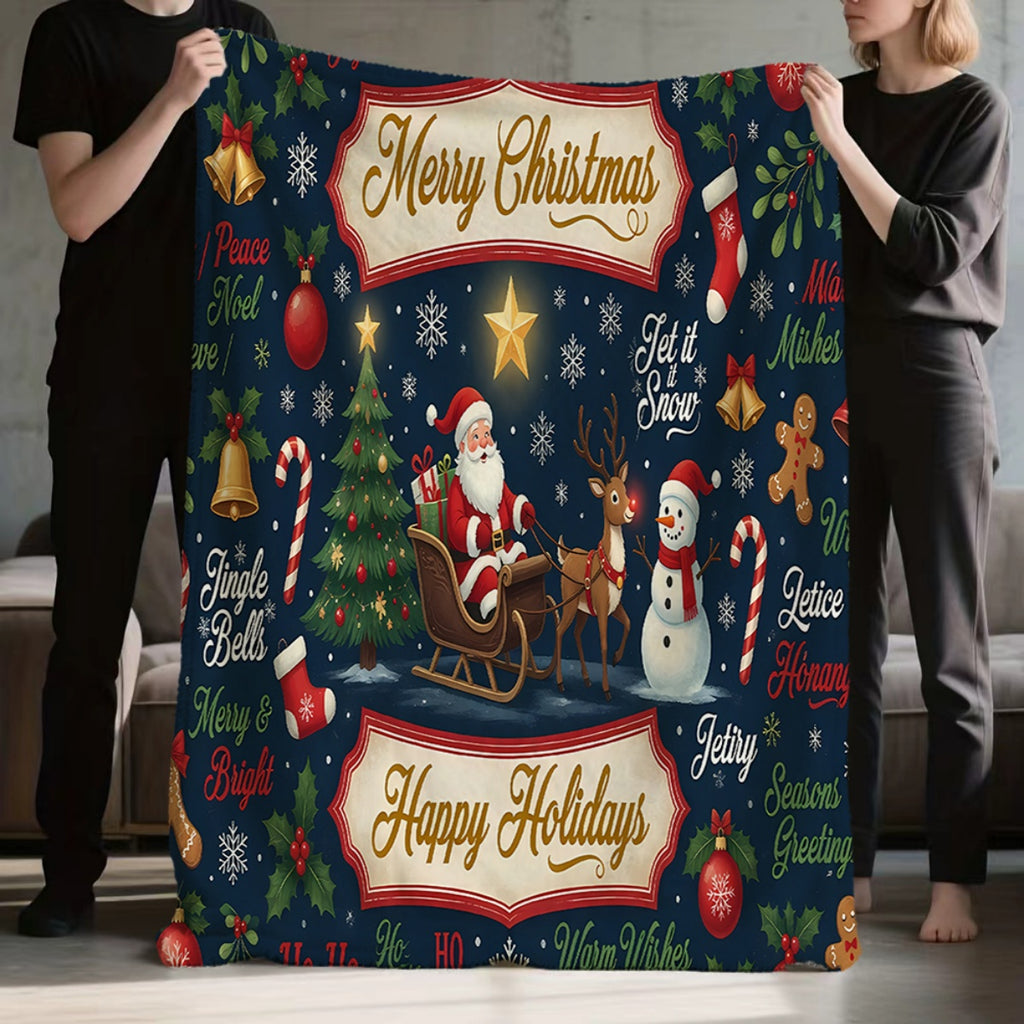 1pc, Santa Claus Sleigh and Reindeer Themed Dark Blue Flannel Blanket, Soft, Comfortable, and Warm, Festive Design, Durable Plush Surface, All-Season Universal Sofa Blanket, Warm Throw Blanket, Multiple Sizes Available, Suitable for Living Room