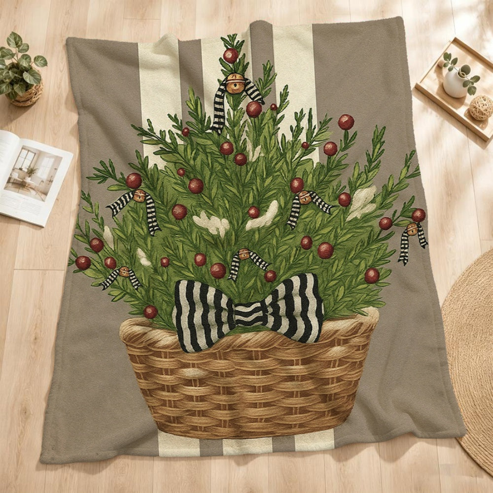 1pc Christmas Fir Tree And Basket Pattern Cream Beige Flannel Blanket, Festive Decor Design, Soft Plush All-Season Use, Suitable for Living Room Sofa Cover, Weekend Napping, And Reading Time