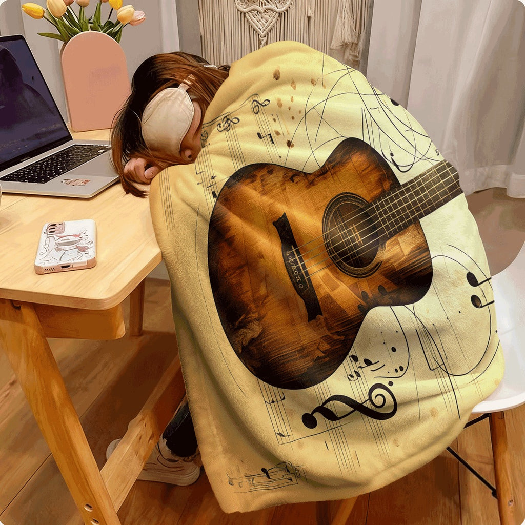 1pc Cozy Guitar And Music Note Print Polyester Blanket Soft Warm And Tear-Resistant Throw for Sofa Office Camping And Travel All-Season Multi-Purpose Gift with Musical Theme Design S