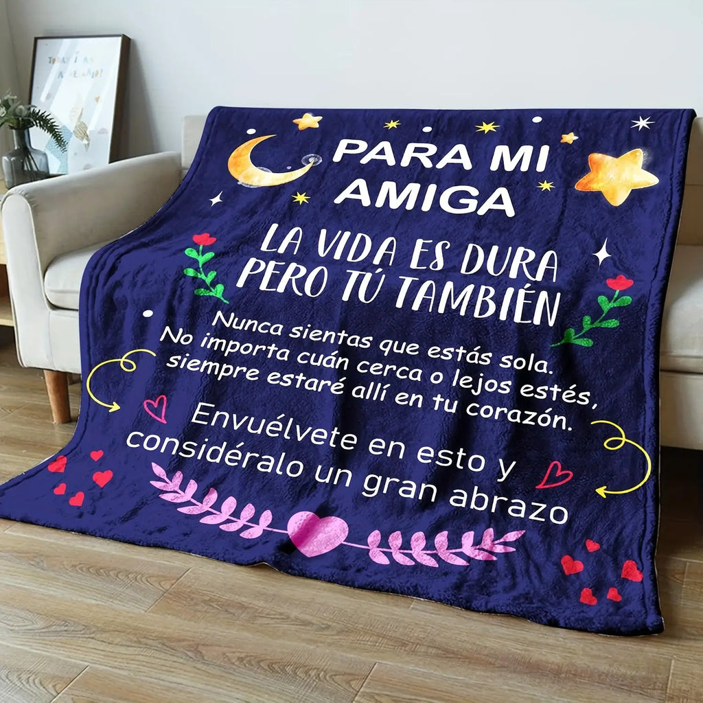 Flannel Blanket for Women Featuring a Starry Night Design with Stars And a Moon, Accompanied by Uplifting Spanish Quotes. This Soft Blue Blanket Is Perfect for Any Season And Makes a Great Gift for Christmas, Birthdays