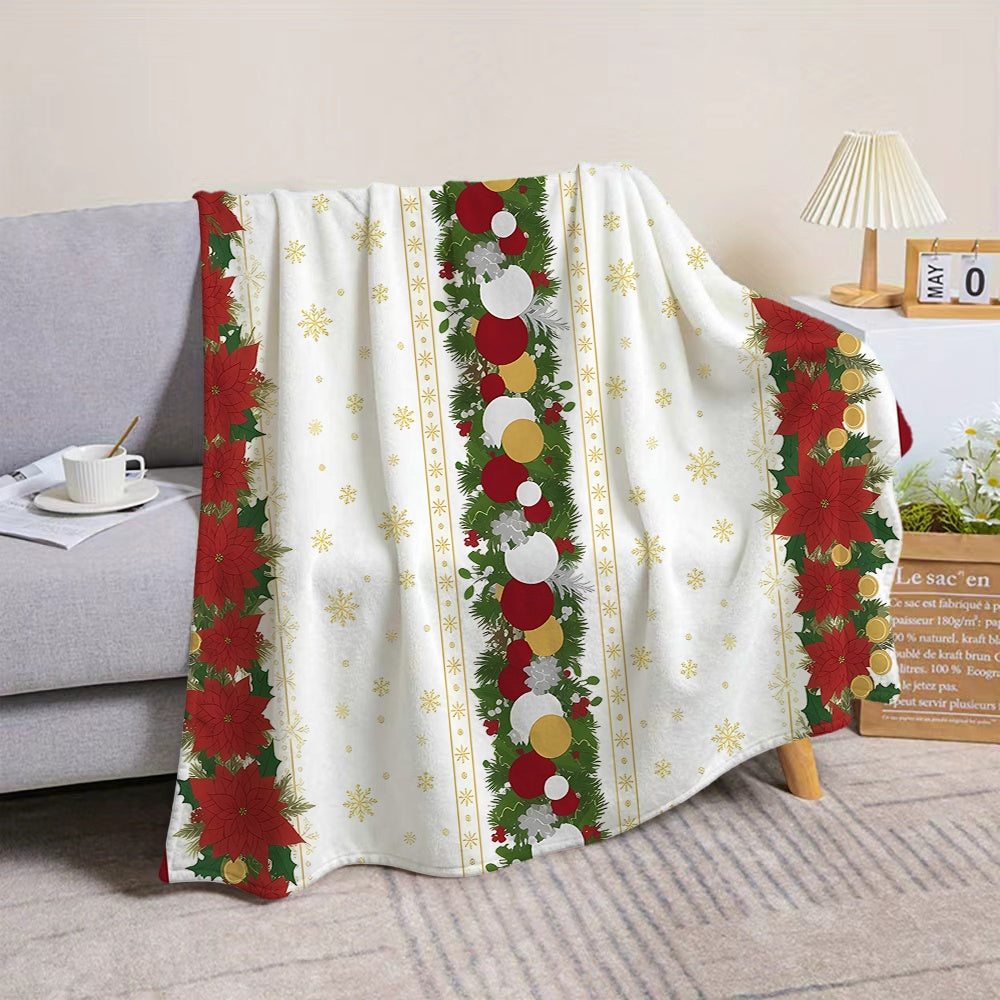 1pc Christmas Wreath And Red White Golden Ball Pattern Flannel Blanket, Soft Comfortable Warm, White Background with Red And Golden Decorative Design, All-Season Blanket, Warm Cover, Multiple Sizes Available, Suitable for Living Room Sofa