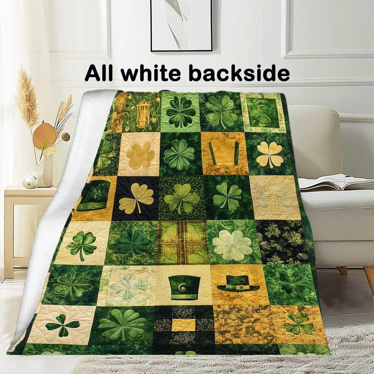 Classic Irish Shamrock Quilt Cover, Clover Patchwork Throw for St. Patrick'S Day, Comfortable And Warm Blanket for Living Room, Couch, Or Bedroom, Cheerful Green Decoration for All, 40X50 Inches