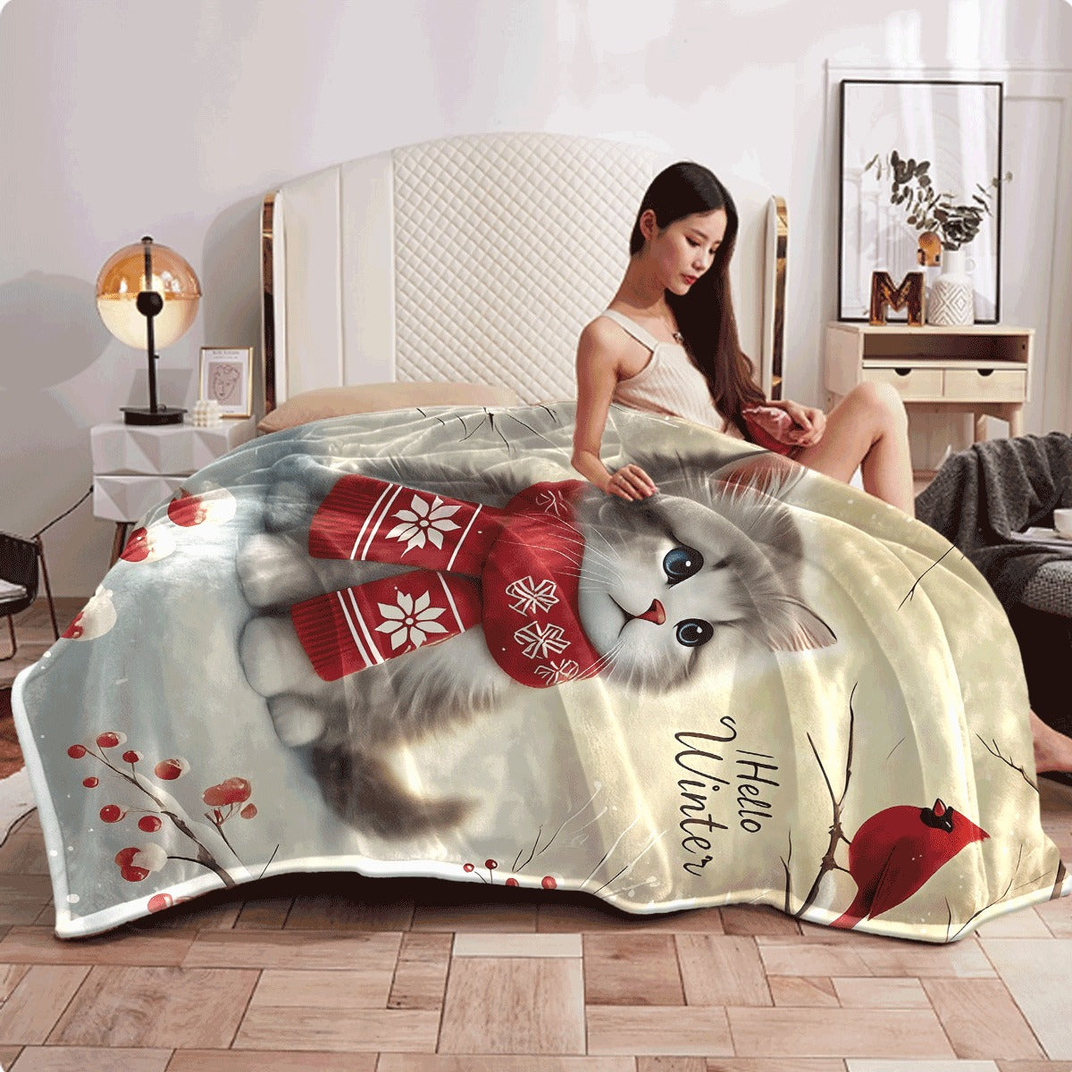 1pc Christmas Flannel Blanket Hello Winter Cat and Cardinal Design Soft Warm Cozy Sofa Office Throw Blanket Nap Blanket Halloween Christmas Gift