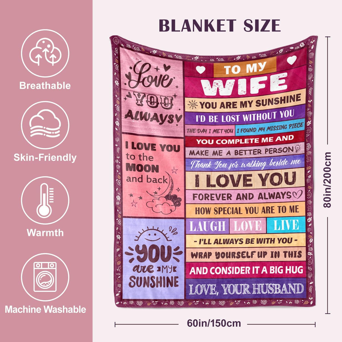 Gifts for Wife from Husbend- Anniversary Wedding Gifts for Women- Best Wife Birthday Gift Ideas- Christmas Mothers Valentines Day Romantic I Love You Gift for Her- to My Wife's Blanket 60x80