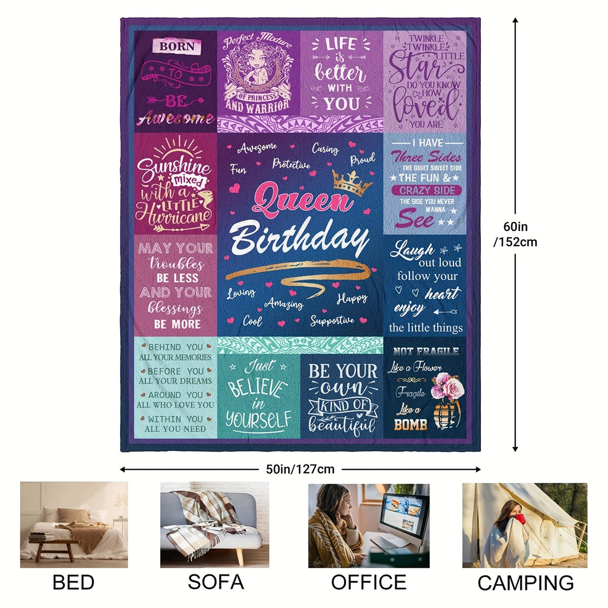 1pc Inspirational Queen Birthday Throw Blanket for Women - Perfect Gift for Daughter, Grandma, Mom, Wife, Girlfriend - All-Season Flannel, Hypoallergenic, Machine Washable with Motivational Phrases & Patterns, Wearable Blanket