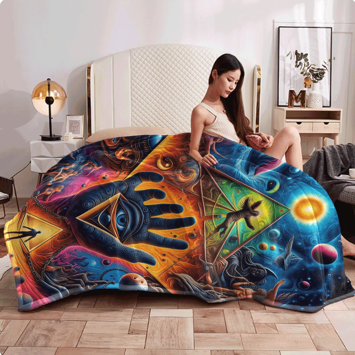 1pc Psychedelic Space Vision Flannel Blanket Trippy Hand Eye Pyramid Art Cosmic Astral Graphic Print Soft Warm Sofa Throw for Dreamers & Psychedelic Enthusiasts