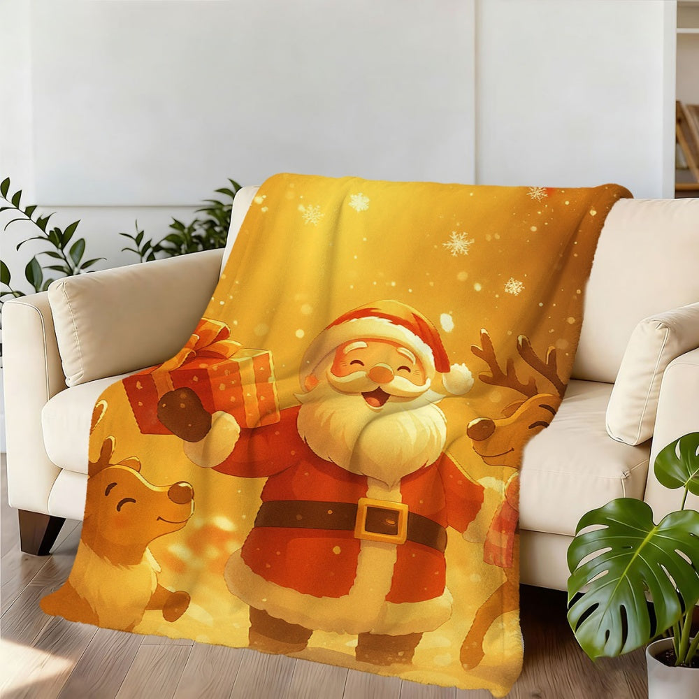 1pc Santa And Reindeer Flannel Blanket, Golden Warm-Toned Design, Durable Plush Warm Throw, Suitable for Office Nap, Weekend Sofa Relaxation, Seasonal Home Use