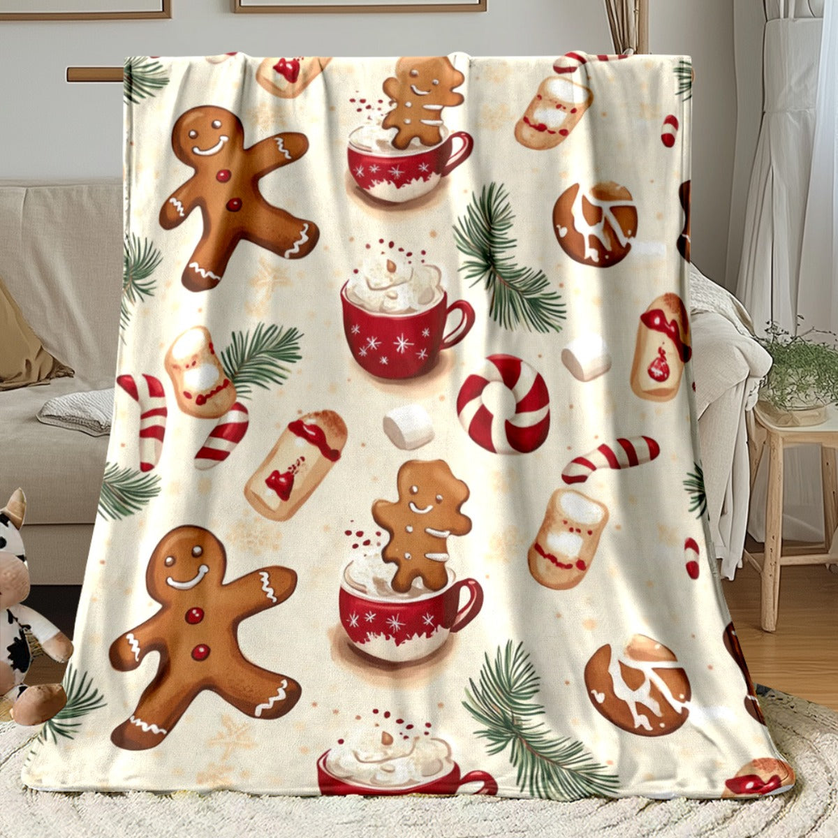 1pc Gingerbread Man And Christmas Hot Drink Theme Beige Blanket, Festive Decor Design, Large Plush Throw Blanket, Suitable for Weekend Sofa Naps, Home Afternoon Rest, Office Nap