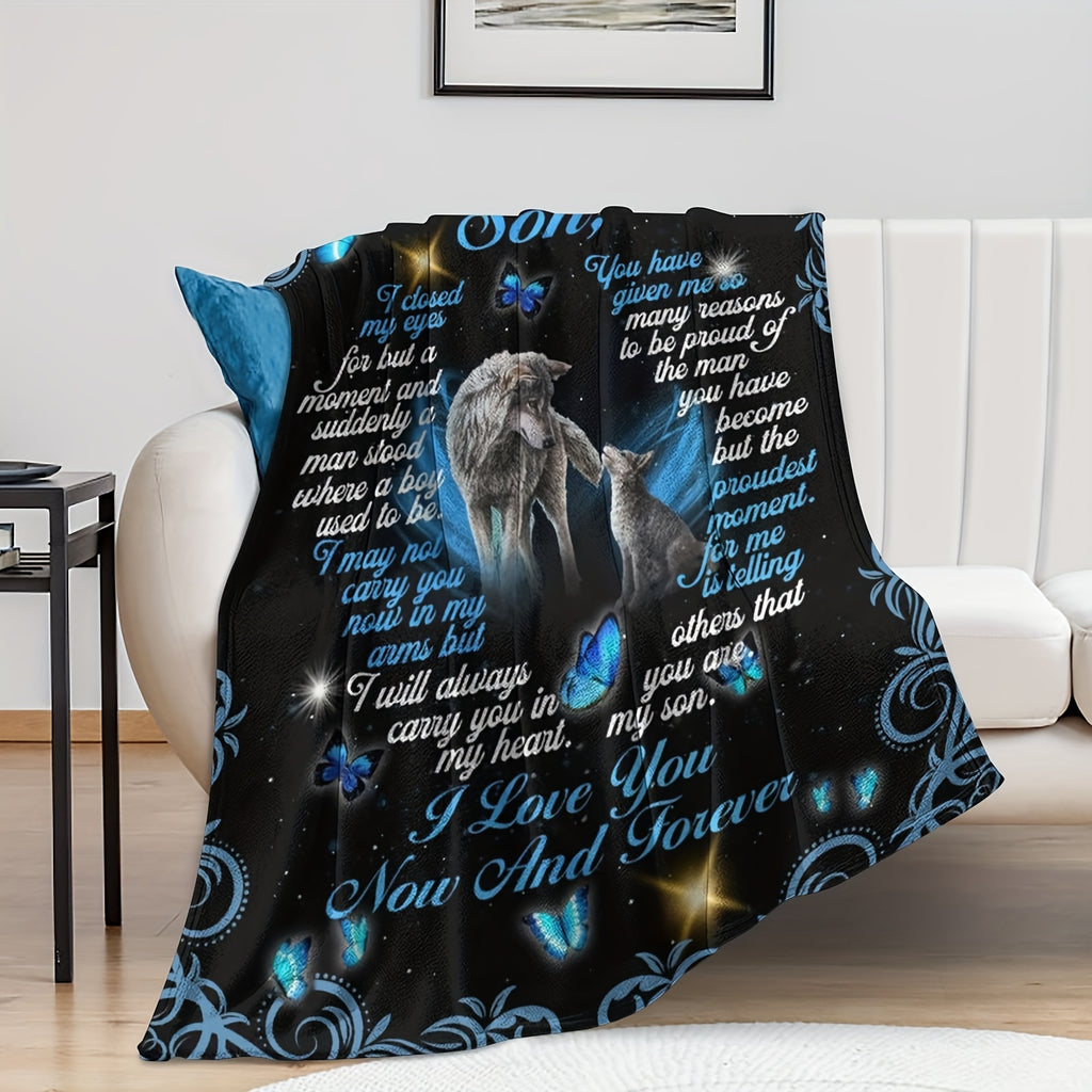 Comfortable Flannel Blanket Soft, Son, I Love You Now and Forever, Warm and Lightweight, Suitable for All Seasons, Perfect for Sofa, Bed, Travel, Camping, Etc., Ideal Holiday Gift for Christmas, Halloween, or Any Occasion, 1pc