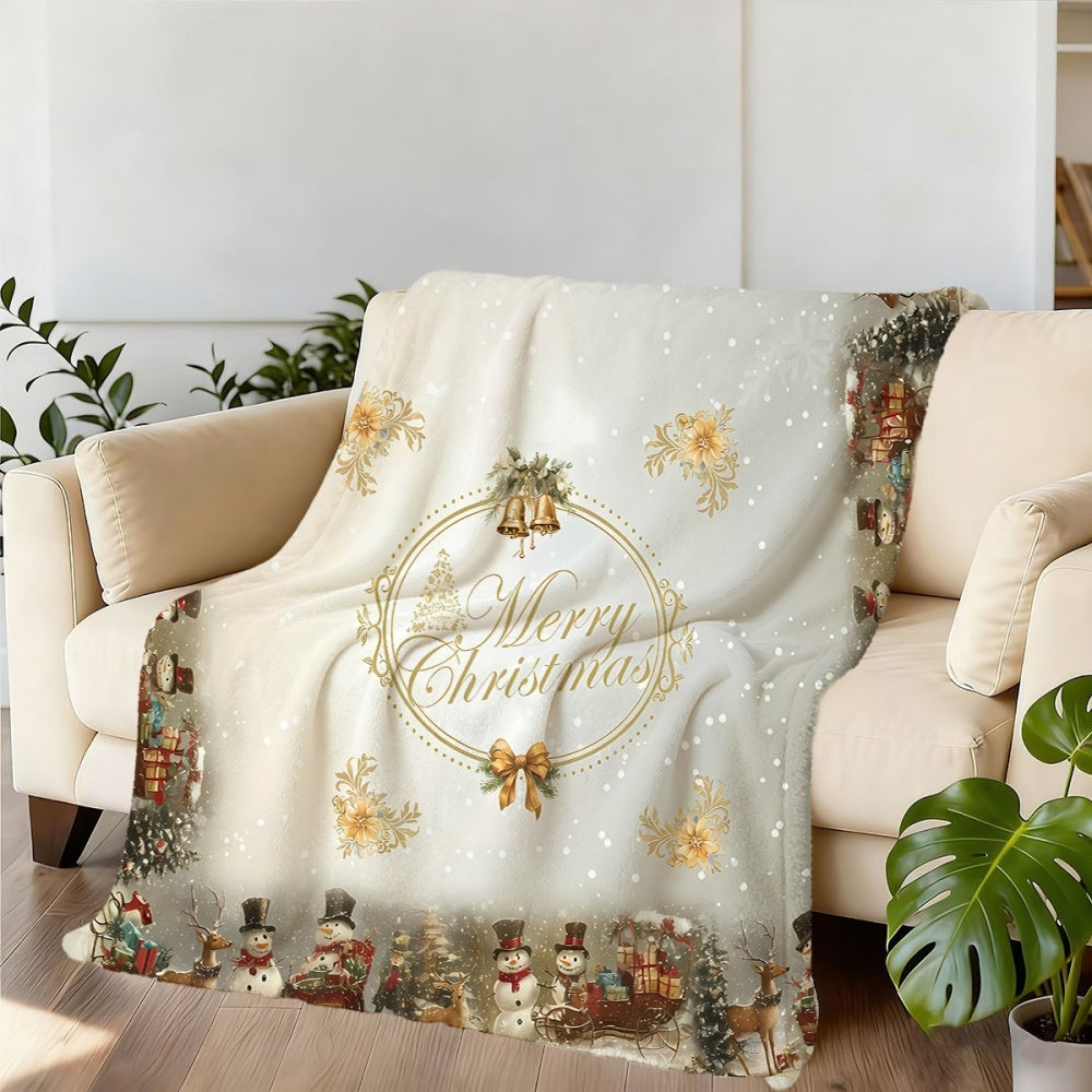 1pc, 1 Christmas Snowman with Bells and Golden Floral Pattern Flannel Blanket, Soft, Comfortable, and Warm, White Romantic Design, Durable Plush Surface, All-season Universal Sofa Blanket, Thermal Throw Blanket, Multiple Sizes Available