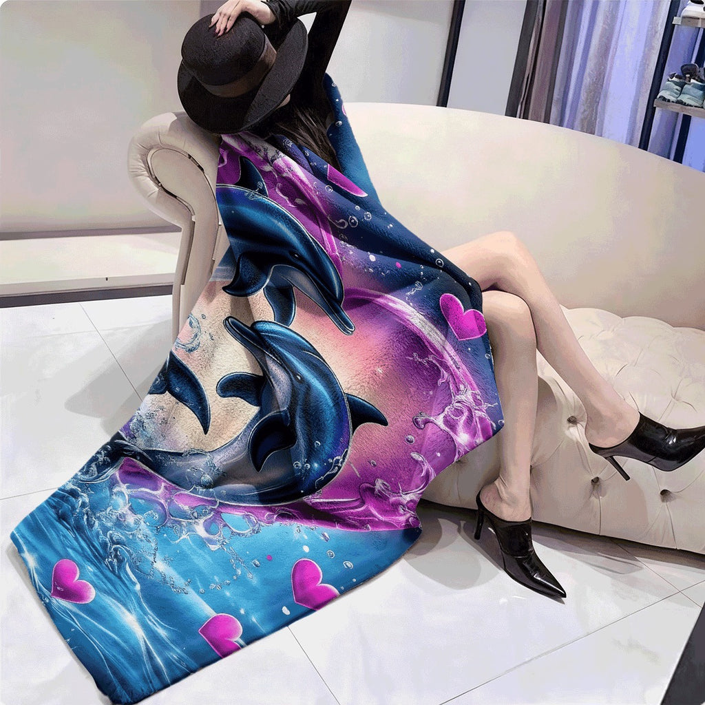 1pc Dolphin Print Flannel Blanket 100% Polyester Soft Warm Lightweight 200-250g Vibrant Dolphin & Heart Design Machine Washable for Home Office Travel Sofa Decor Travel Blanket Vibran