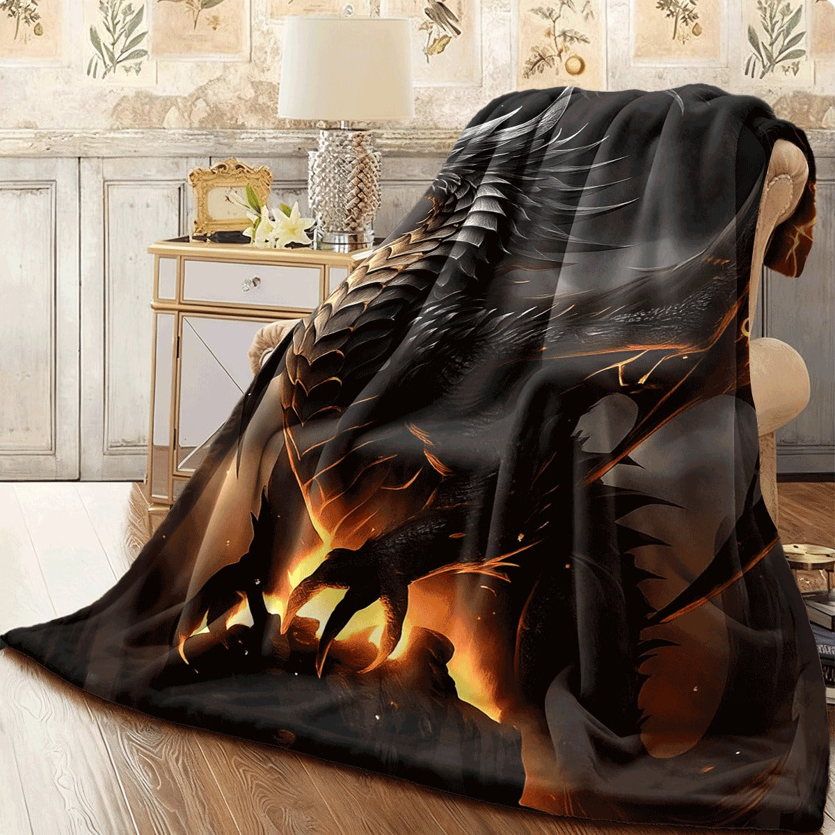 1pc Luxury Super Soft 3D Black Dragon Printed Flannel Blanket Contemporary Style Machine Washable All-Season Comfort for S Sofas Offices & Air Conditioning Perfect Holiday Gift for Family O