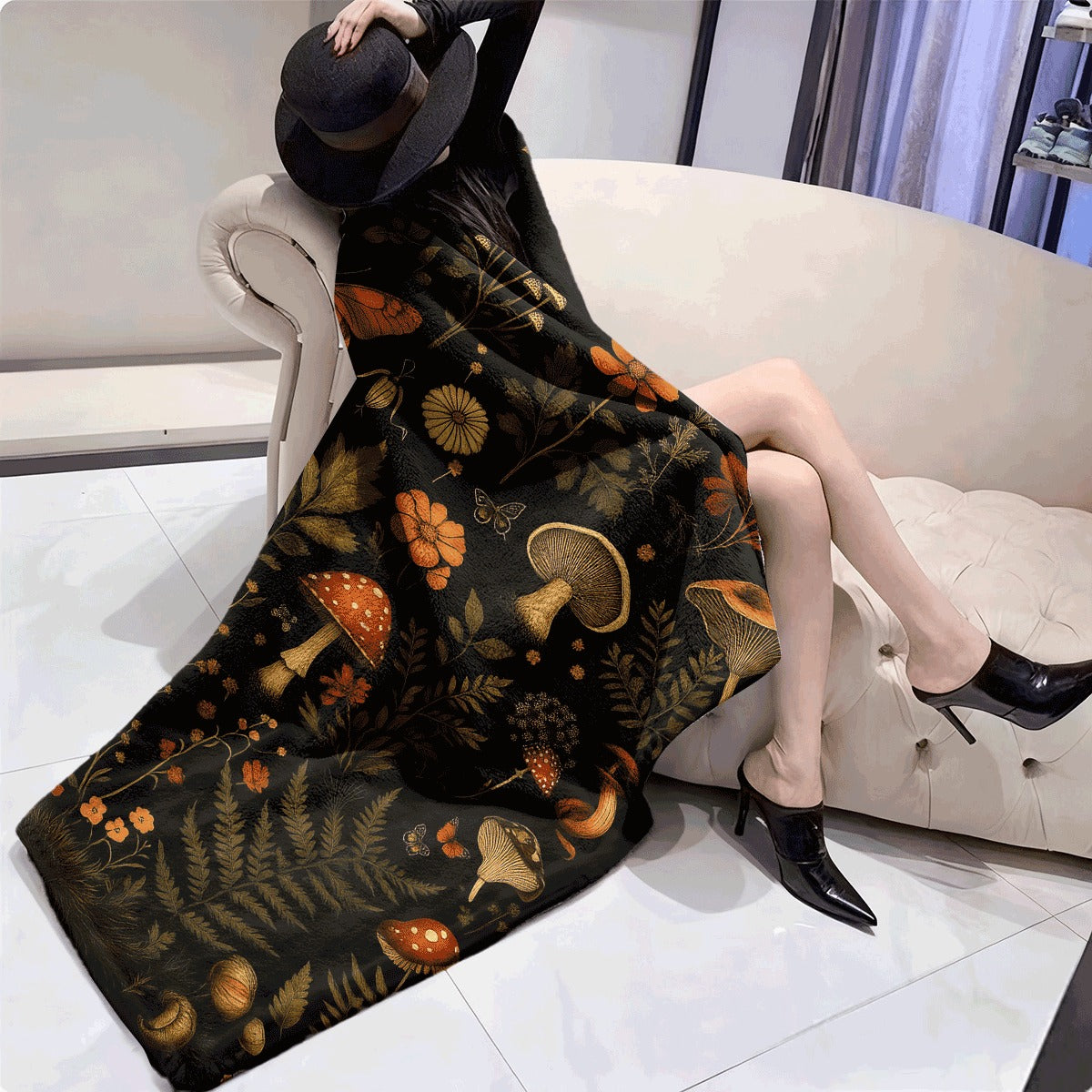 1pc Vintage Style Mushroom & Floral Print Flannel Throw Blanket Soft Warm Hypoallergenic Machine Washable Tear Resistant All-Season Cozy Sofa Office Blanket Ideal for Napping Mult