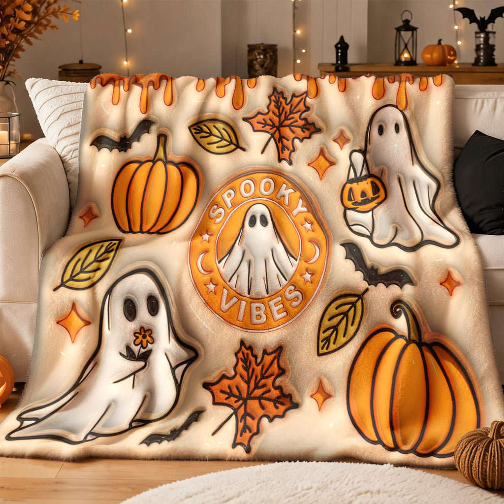 1pc 3D Embossed Ghost Pumpkin Maple Leaf Halloween Theme Flannel Blanket - Large Size, Soft, Lightweight, And Warm, Suitable for All Seasons - Perfect for Bed, Sofa, Office, Camping, And Travel - Ideal Choice for Blankets, Perfect Gift for Family