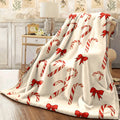 1pc Soft Flannel Blanket with Classic Christmas Candy Cane And Red Bow Print Cozy All-Season Warm Throw for Couch Sofa