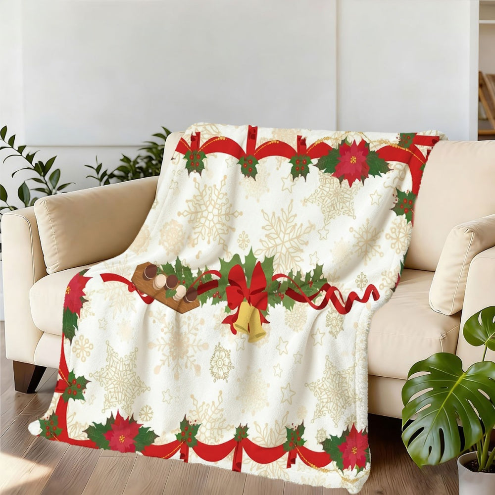 1pc Christmas Holiday Red Bow And Holly Wreath Pattern Flannel Blanket, Soft Comfortable Warm, White Background with Golden Snowflakes Design, All-Season Blanket, Warm Cover, Multiple Sizes Available, Suitable for Living Room Sofa
