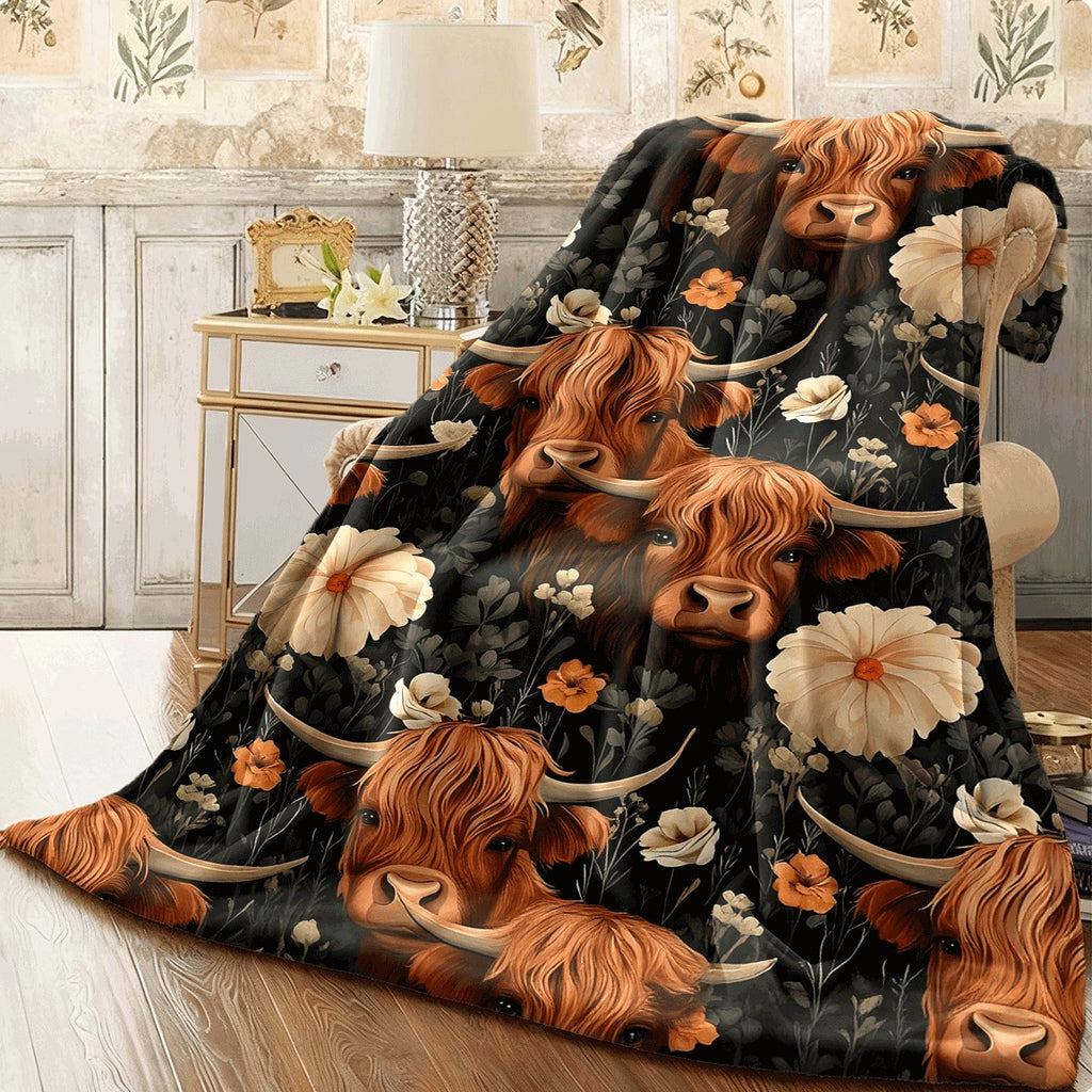 1pc Ultra-Soft Highland Cow Print Flannel Throw Blanket Versatile for Couch or Gift HD Animal Design All-Season Comfort