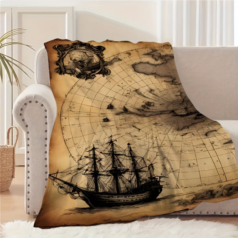 1pc Nautical Ship Map Pattern Flannel Blanket, Gift Blanket for Family and Friends, Nap Blanket, Throw Blanket, Multi-purpose Blanket for Sofa, Camping, and Travel