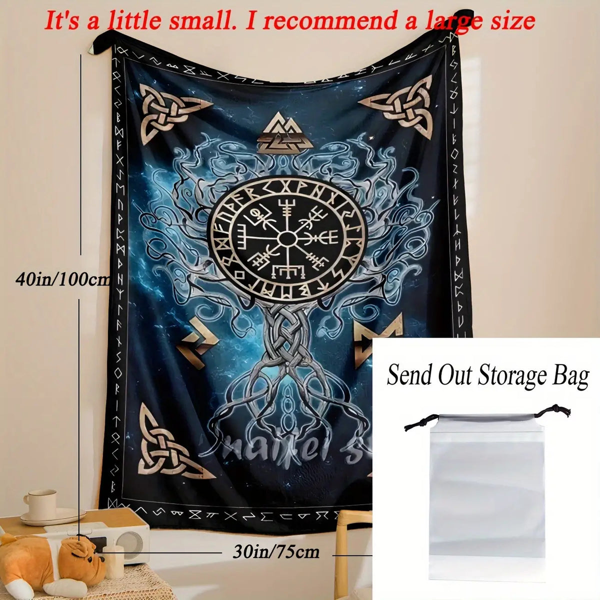 Cozy Viking Norse Flannel Throw Blanket - Celtic Knot & Rune Symbols with Odin's Rune Staff & Valknut - All-Season Soft for Couch,, Travel - Viking-Inspired Gift for & ( Mythology Design)