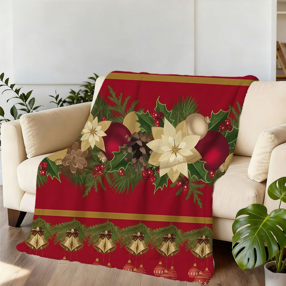 1 Christmas Floral and Bell Pattern Flannel Blanket, Soft, Comfortable, and Warm, with a Red Festive Design. A Four-season Universal Sofa Throw and Warm Cover Blanket, Available in Multiple Sizes. Suitable for Living Room Sofas, Bedroom