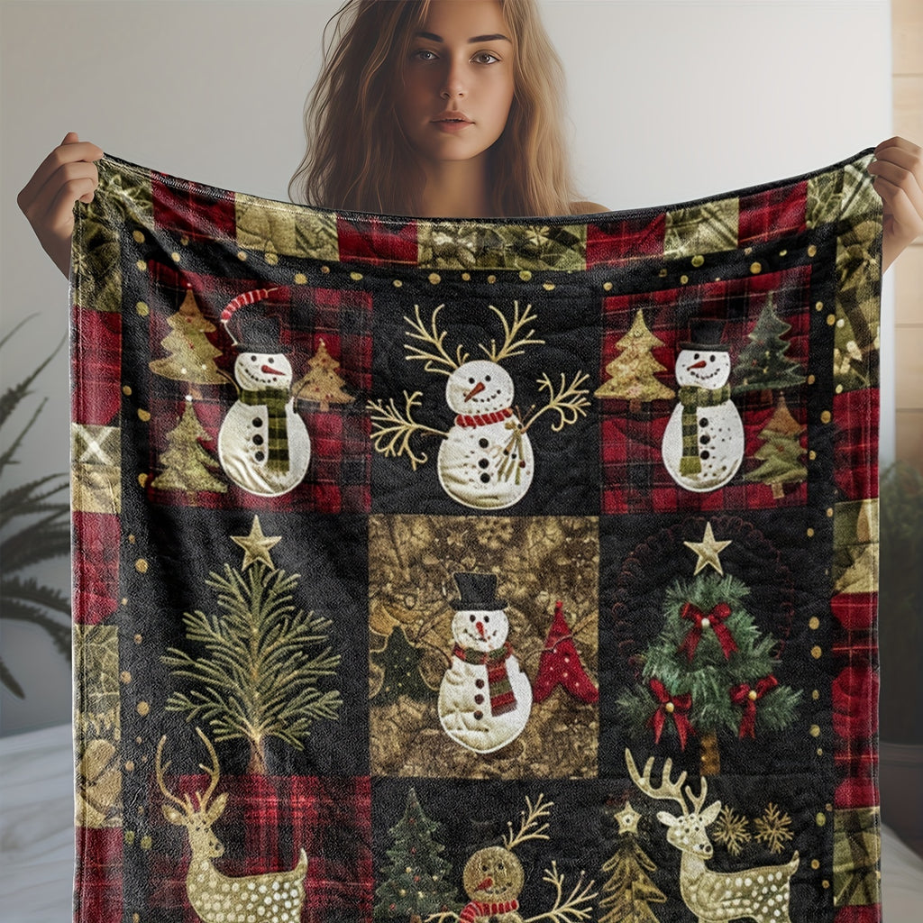 1pc, Christmas Snowman and Reindeer Pattern Flannel Blanket with Red Plaid Border, Soft, Comfortable, and Warm, Designed in Black, Red, and Golden as the Main Colors, with a Durable Plush Surface. A Four-season Universal Sofa Blanket and Warm Throw