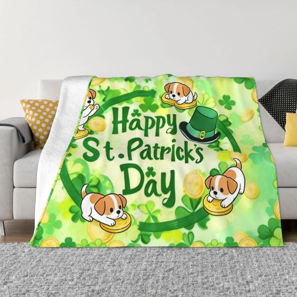St. Patrick's Day Blanket St. Patrick's Day Gree Shamrock Dog Hat Golden Coin Throw Blankets Flannel Throw for Sofa Couch 60X50
